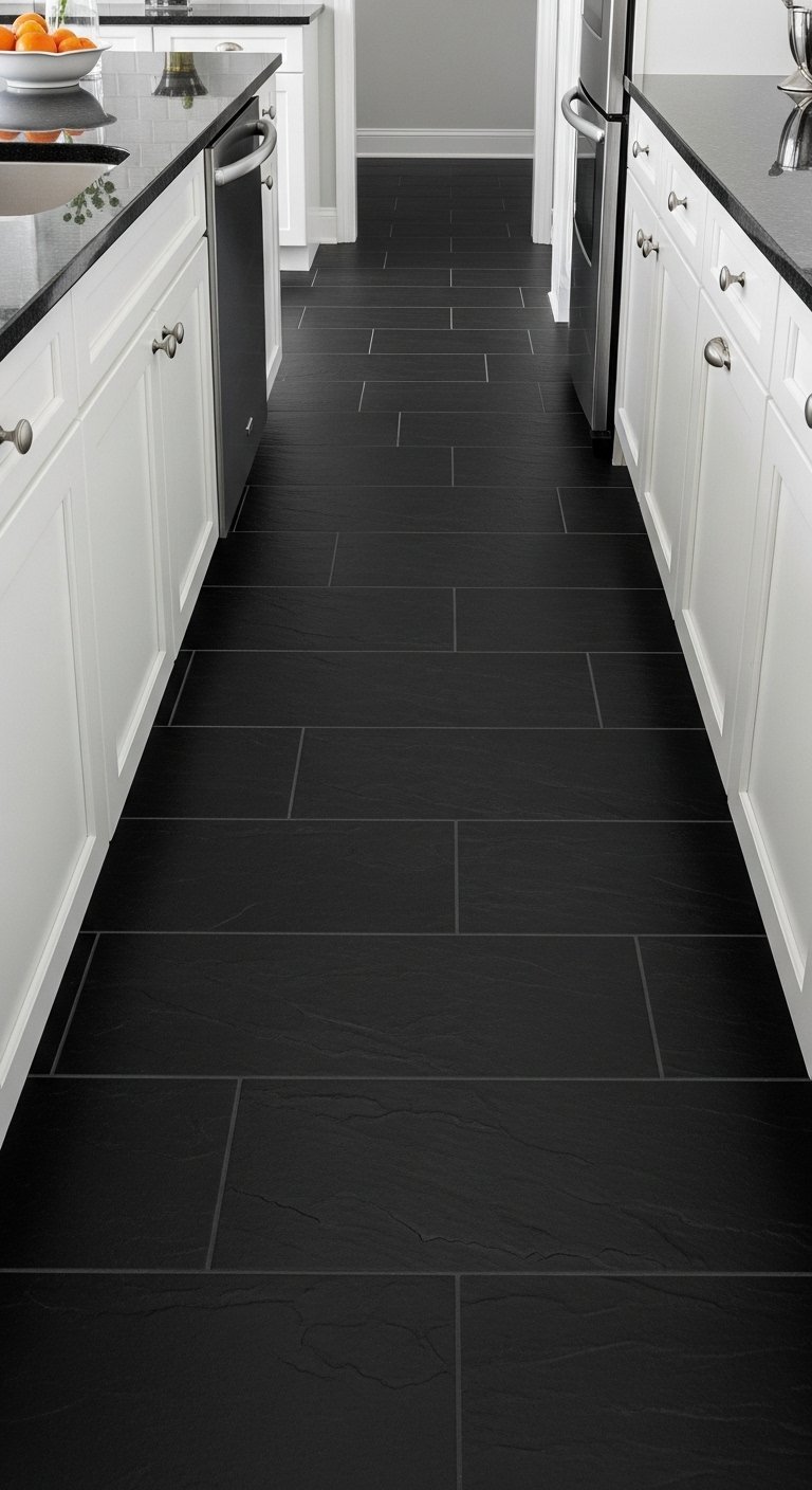 Carrelage de sol rectangulaire noir effet ardoise dans une cuisine blanche