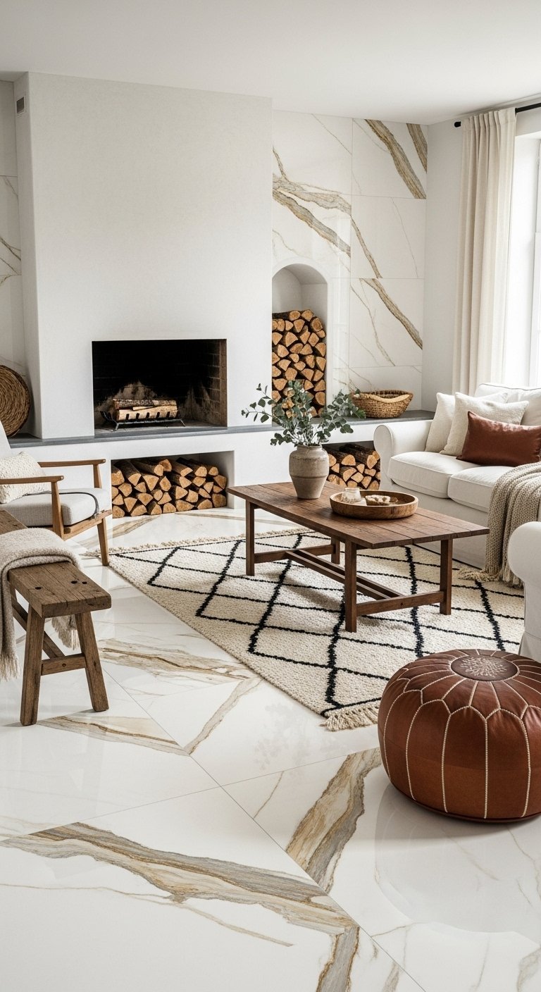 Carrelage effet marbre blanc et or au sol et au mur d un salon avec cheminée