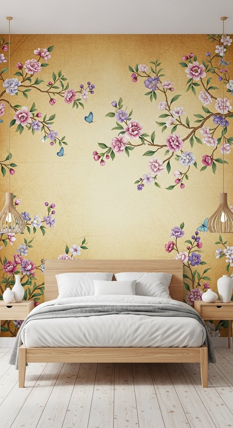 Chambre avec papier peint panoramique floral style chinoiserie sur fond jaune