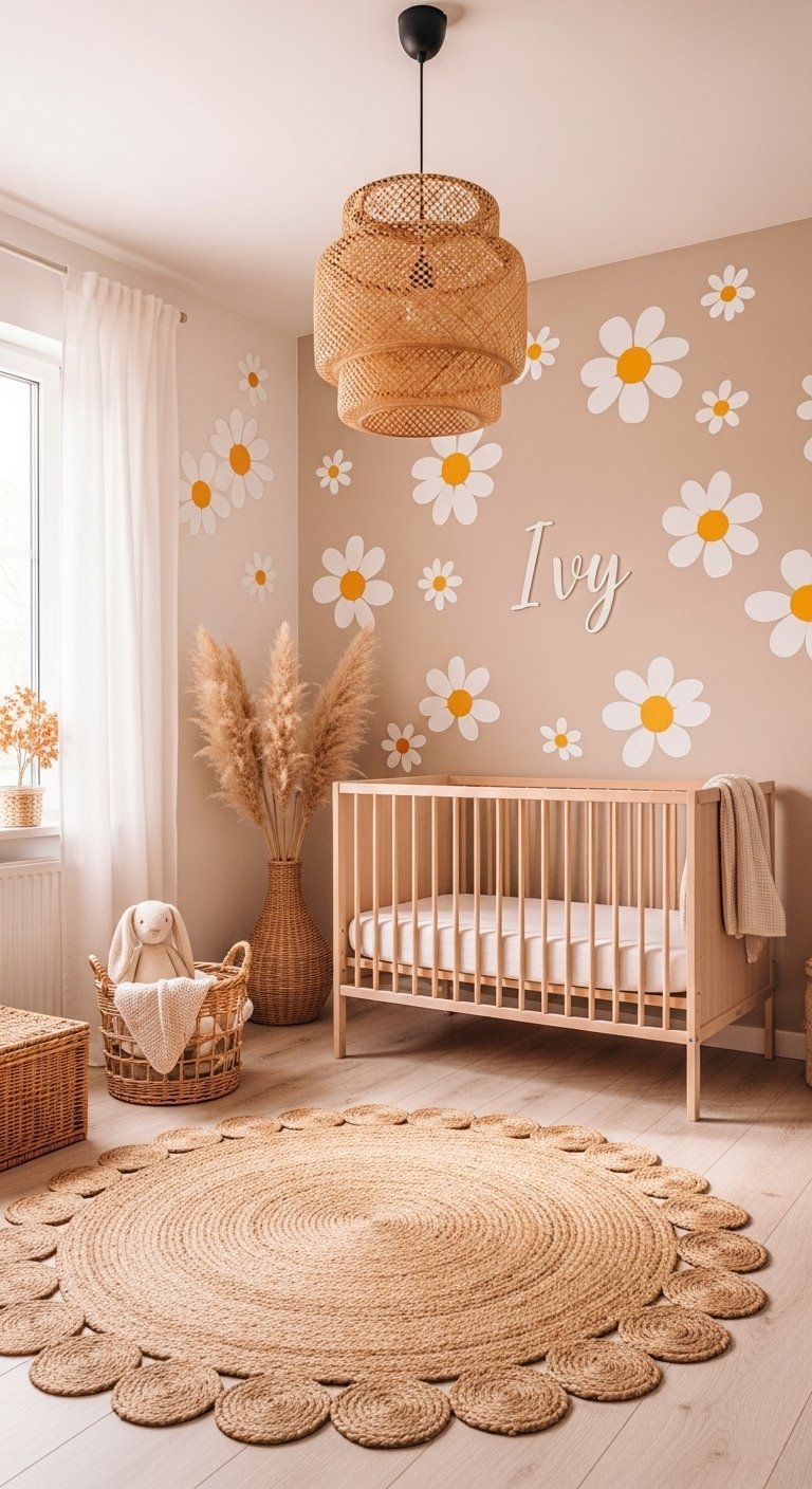 Chambre bébé bohème avec stickers marguerites et tapis en jute
