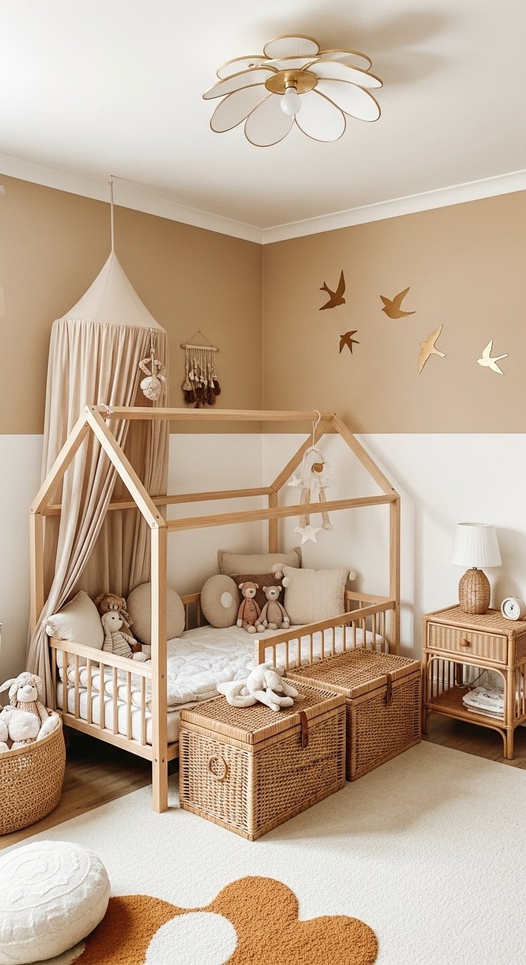 Chambre bebe naturelle avec lit cabane et malles de rangement en osier