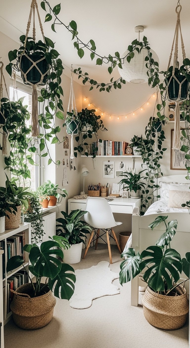 Chambre blanche de style jungle urbaine remplie de plantes vertes suspendues et en pots