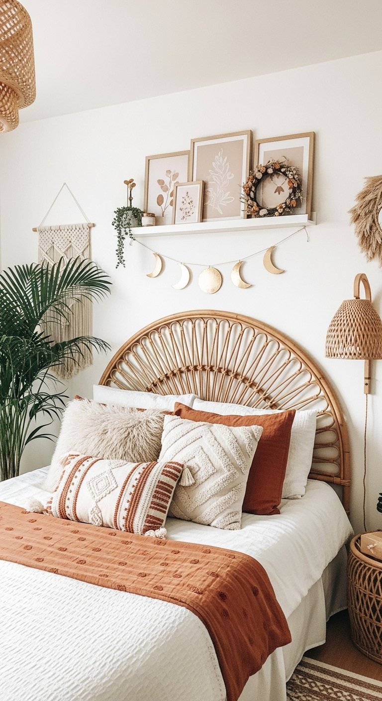 Chambre bohème avec tête de lit en rotin et guirlande phases de lune