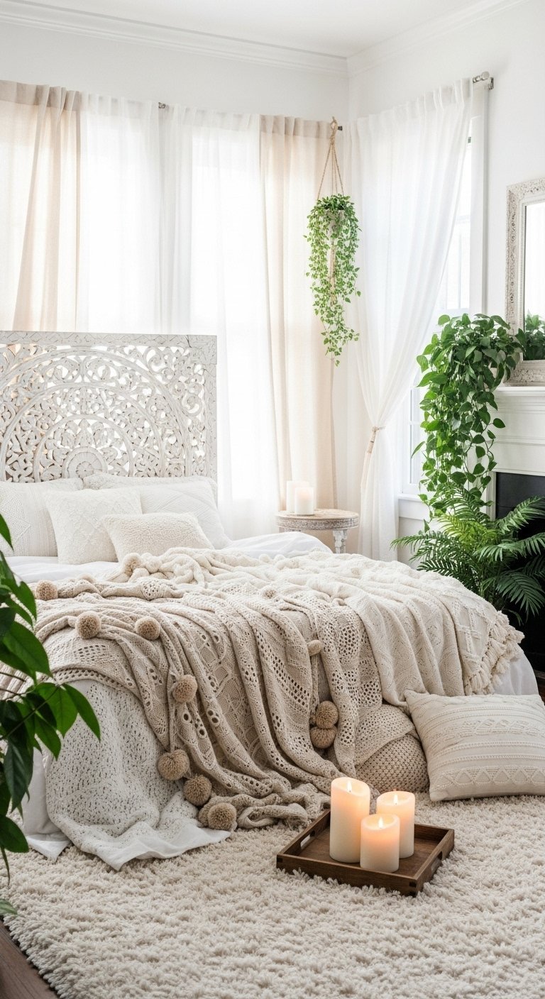 Chambre bohème blanche avec tête de lit en bois sculpté et couverture à pompons