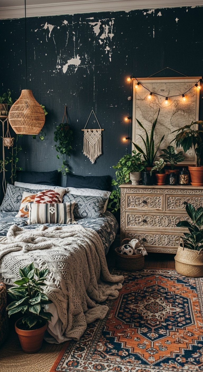 Chambre boheme sombre avec mur bleu vieilli et commode en bois sculpte