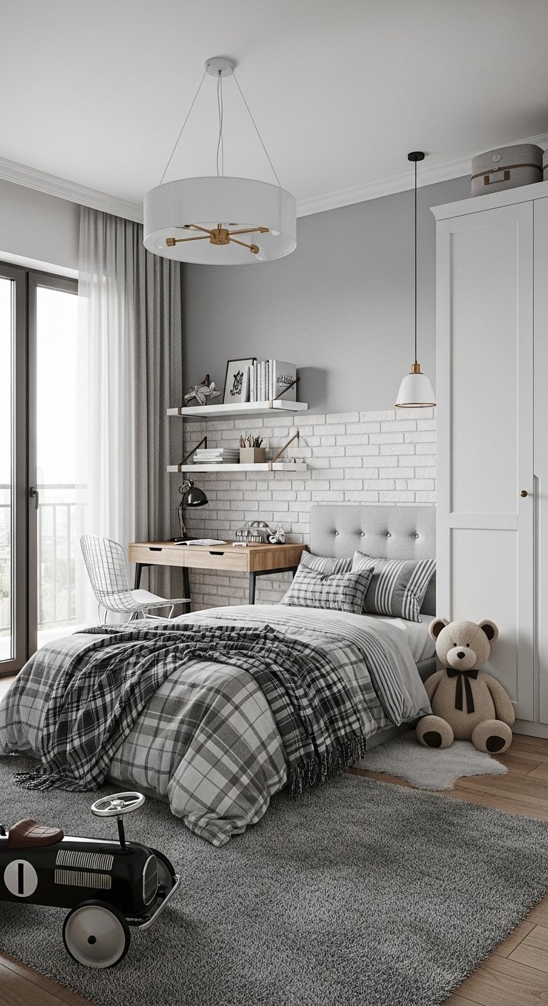 Chambre de garçon moderne avec mur de briques blanches et linge de lit à carreaux gris