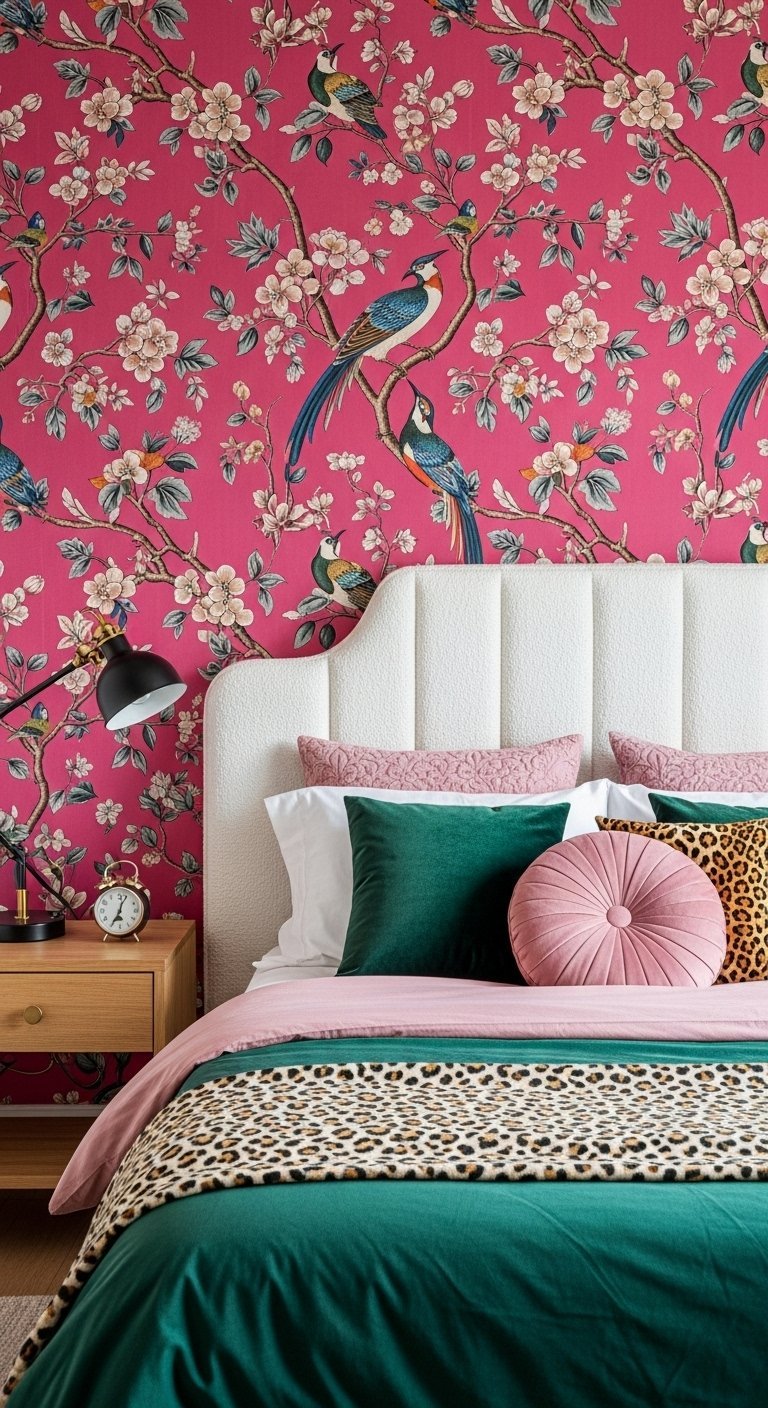 Chambre eclectique avec un papier peint rose vif a motifs d oiseaux et de fleurs