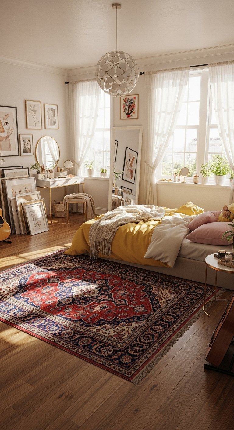 Chambre lumineuse avec coin coiffeuse et grand tapis oriental