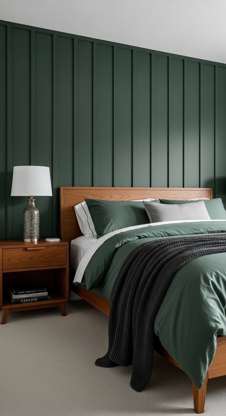 Chambre moderne avec mur de lambris vertical vert foncé et lit en bois