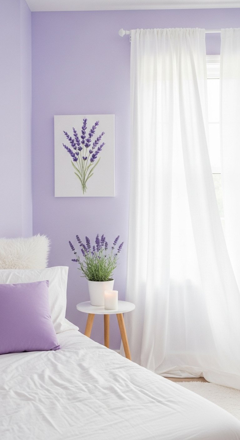Chambre moderne et lumineuse avec murs lavande et linge de lit blanc