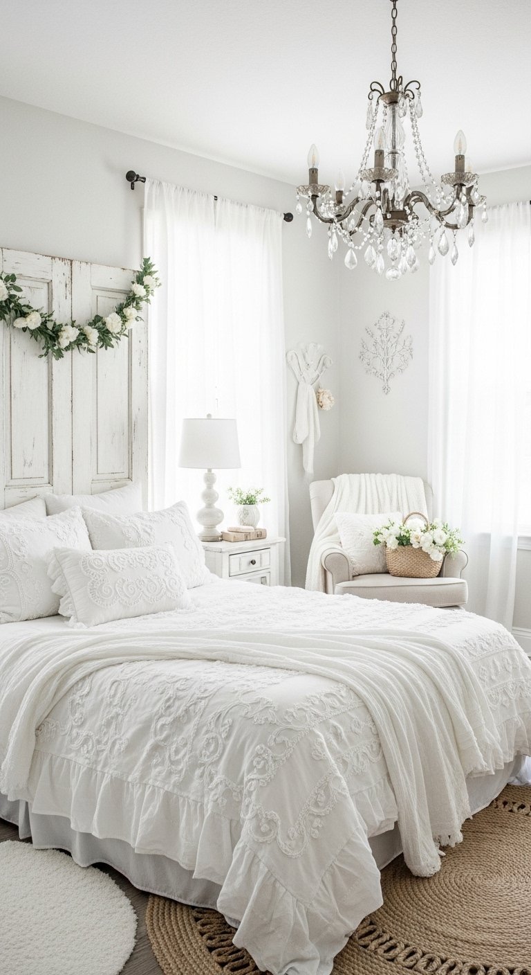 Chambre shabby chic entièrement blanche avec lustre en cristal