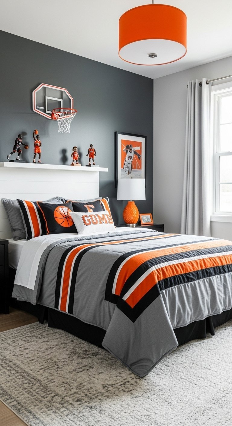 Chambre sur le thème du basketball avec tête de lit blanche et panier de basket mural