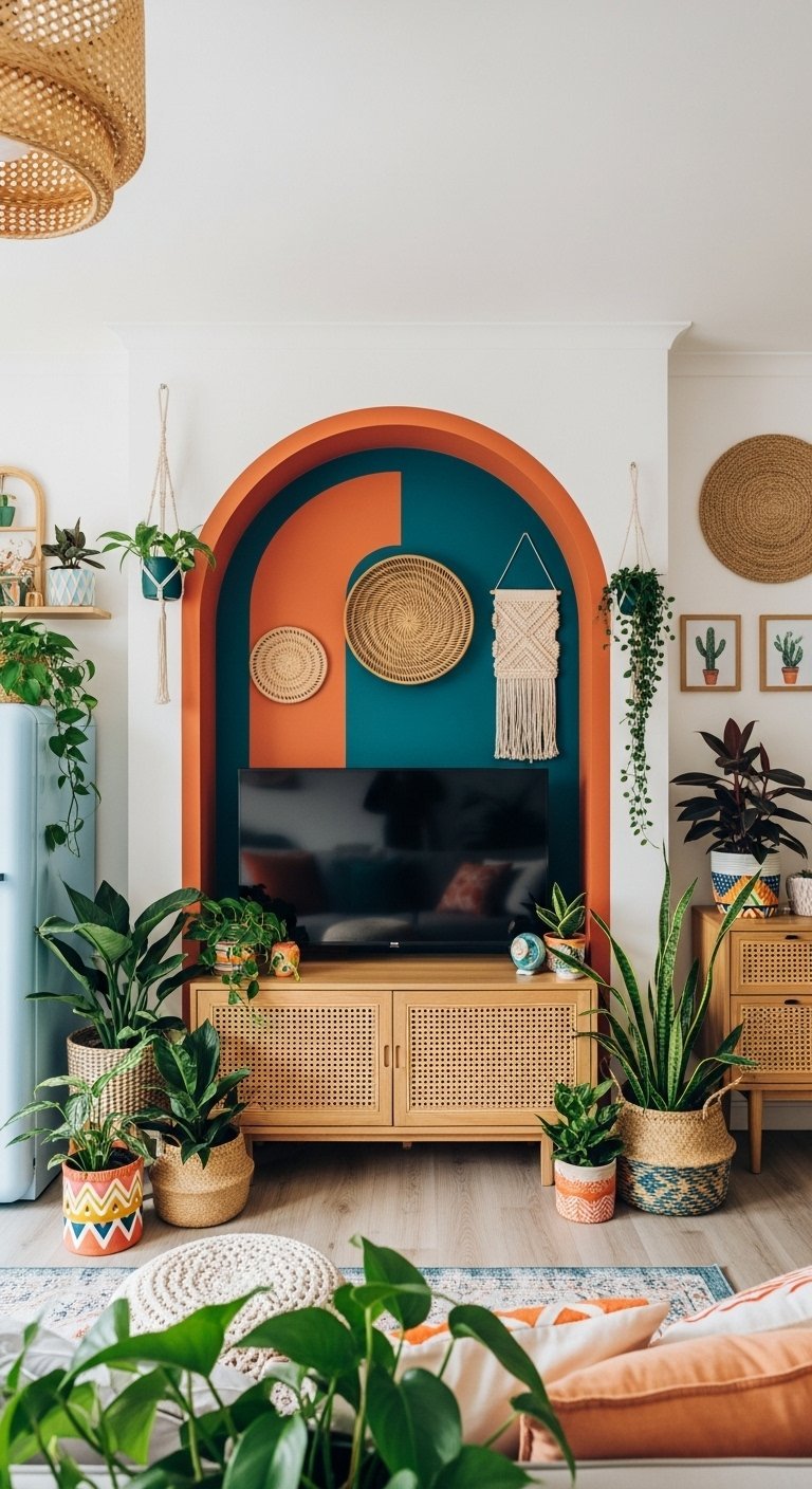 Coin TV de style bohème avec une arche peinte en terre cuite et bleu.