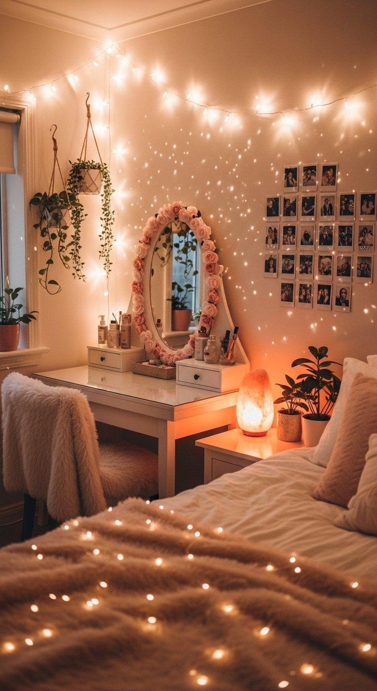 Coin bureau et coiffeuse dans une chambre décorée de guirlandes lumineuses