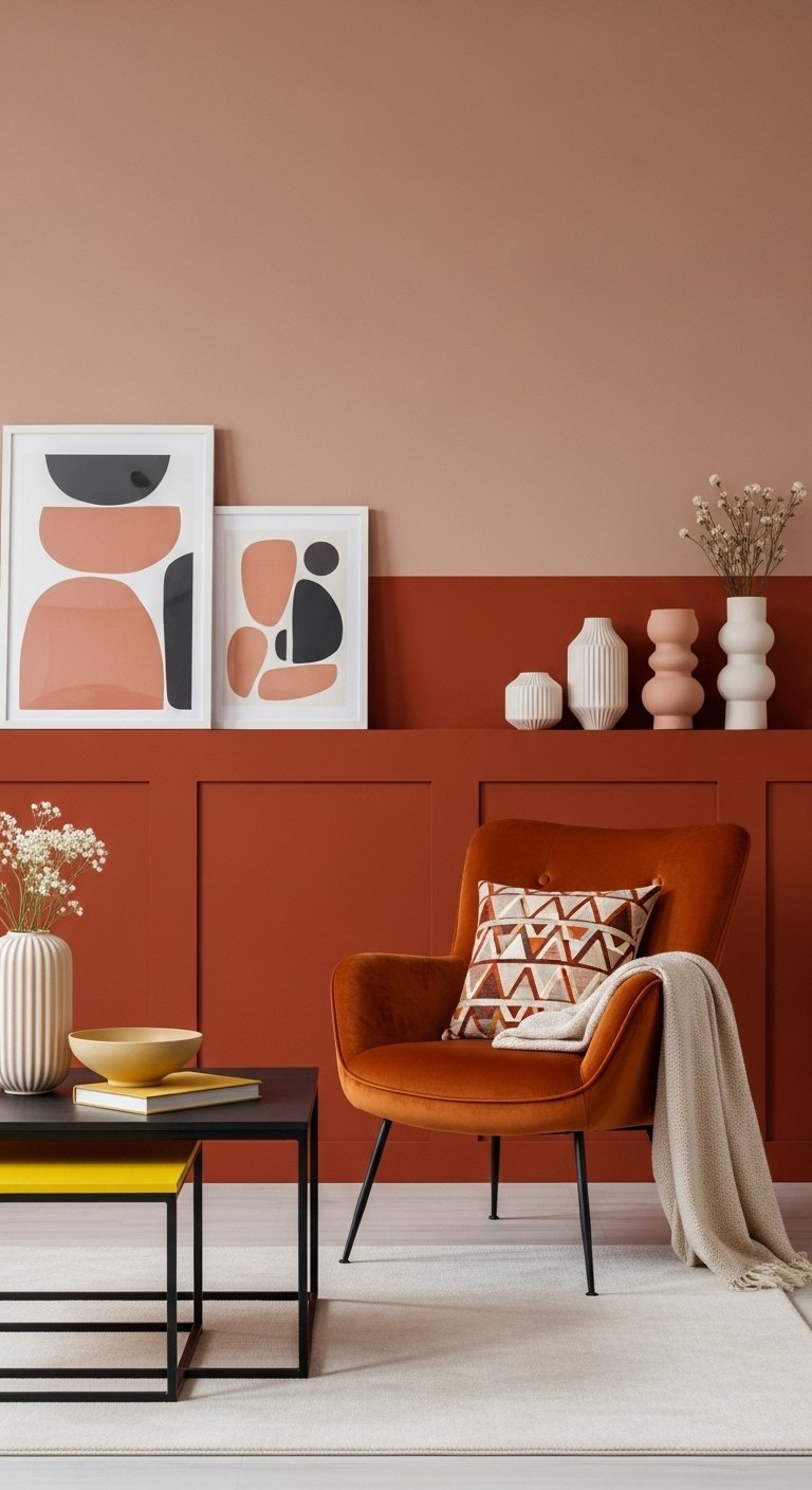 Coin salon avec mur bicolore terracotta et fauteuil en velours orange
