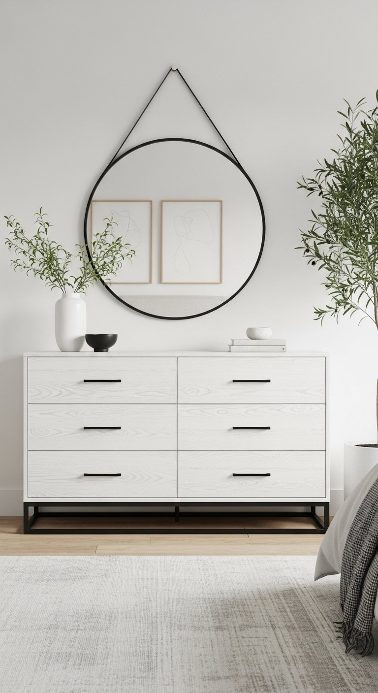 Commode scandinave blanche à six tiroirs avec poignées et base en métal noir