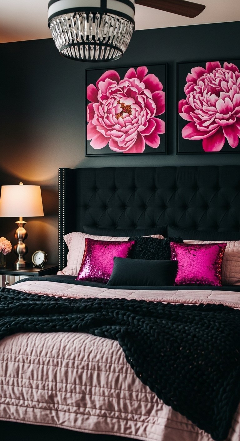 Décoration chambre femme avec des tableaux de pivoines roses et des coussins à paillettes