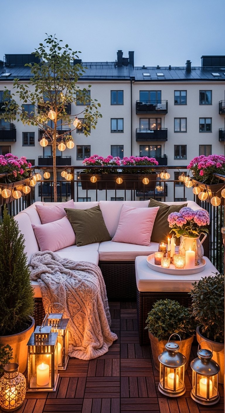 Decoration petit balcon cosy de nuit avec canape dangle et nombreuses lanternes et bougies