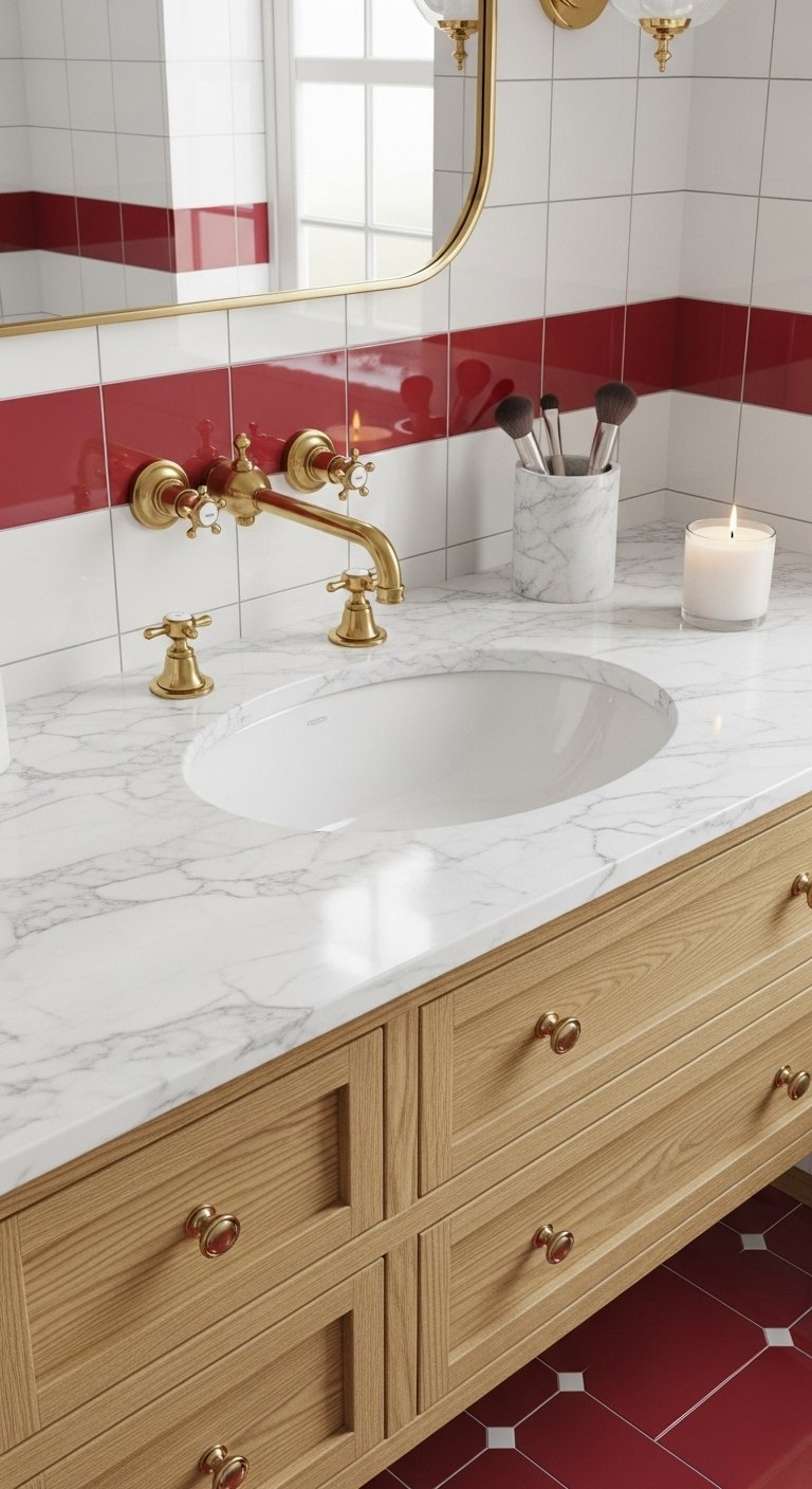 Détail de salle de bain avec meuble en chêne et plan en marbre
