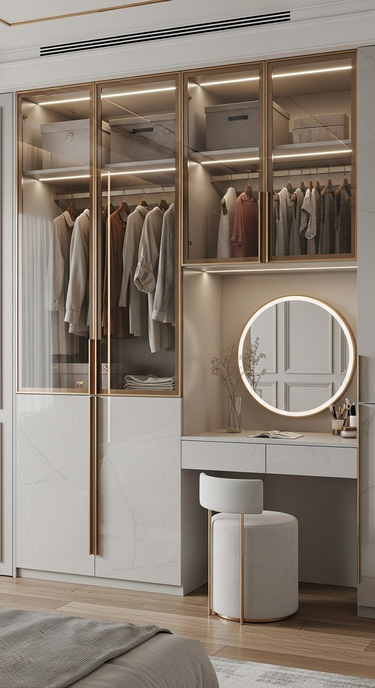 Dressing mural avec portes vitrées dorées et coiffeuse avec miroir rond