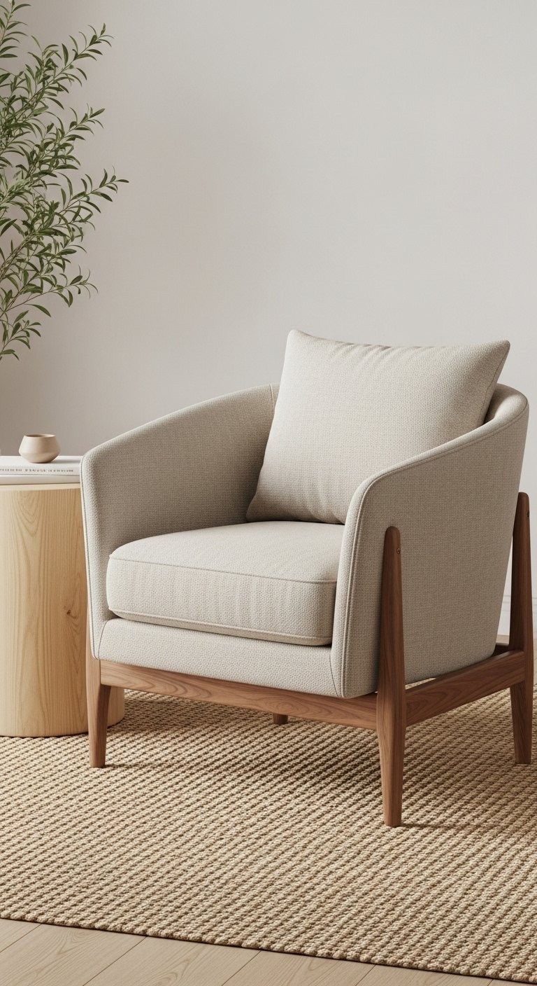 Fauteuil bas de style Japandi en tissu beige et structure en bois foncé sur un tapis en jute