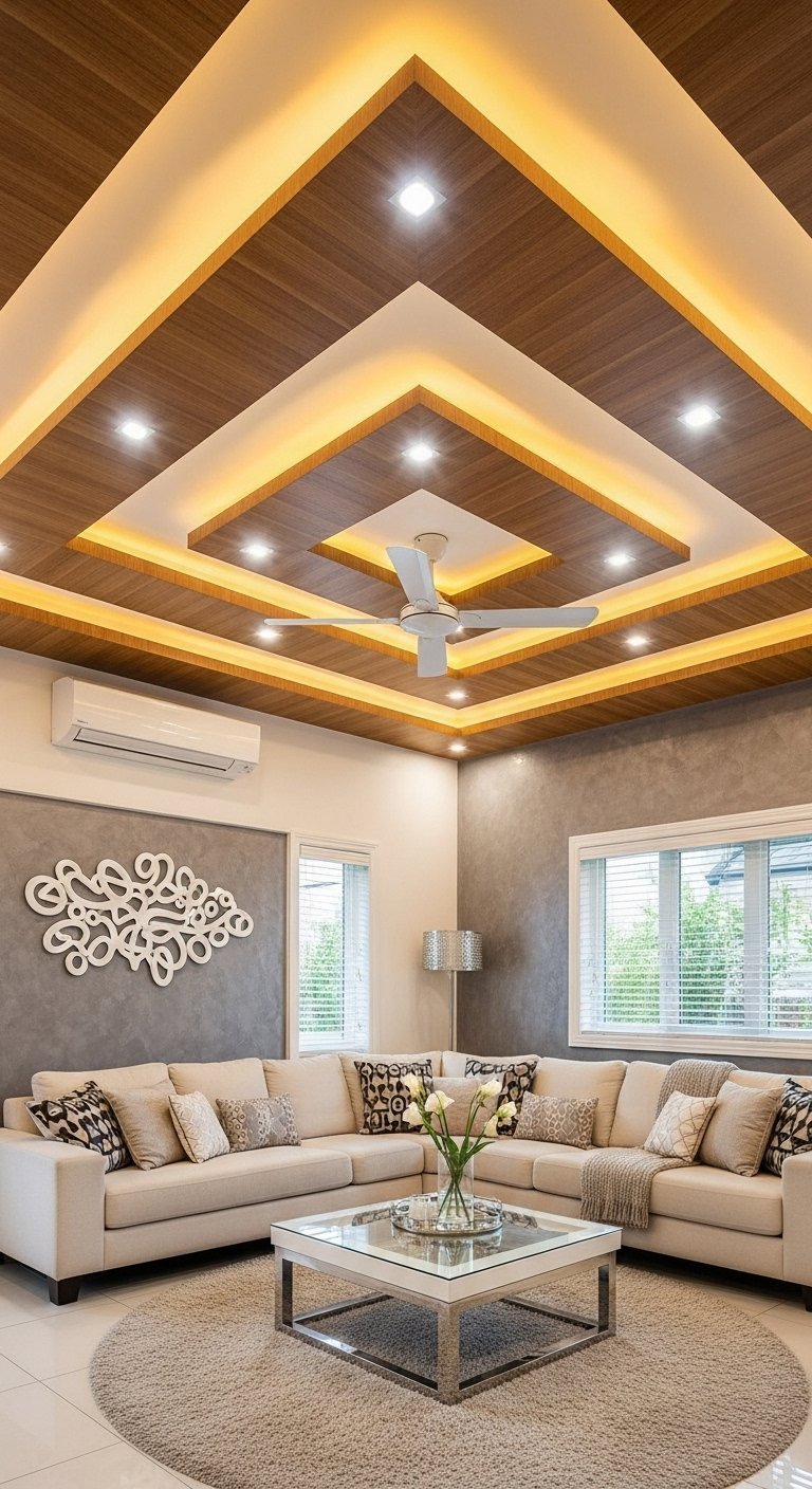 Faux plafond en bois avec carrés imbriqués et spots intégrés dans un salon beige