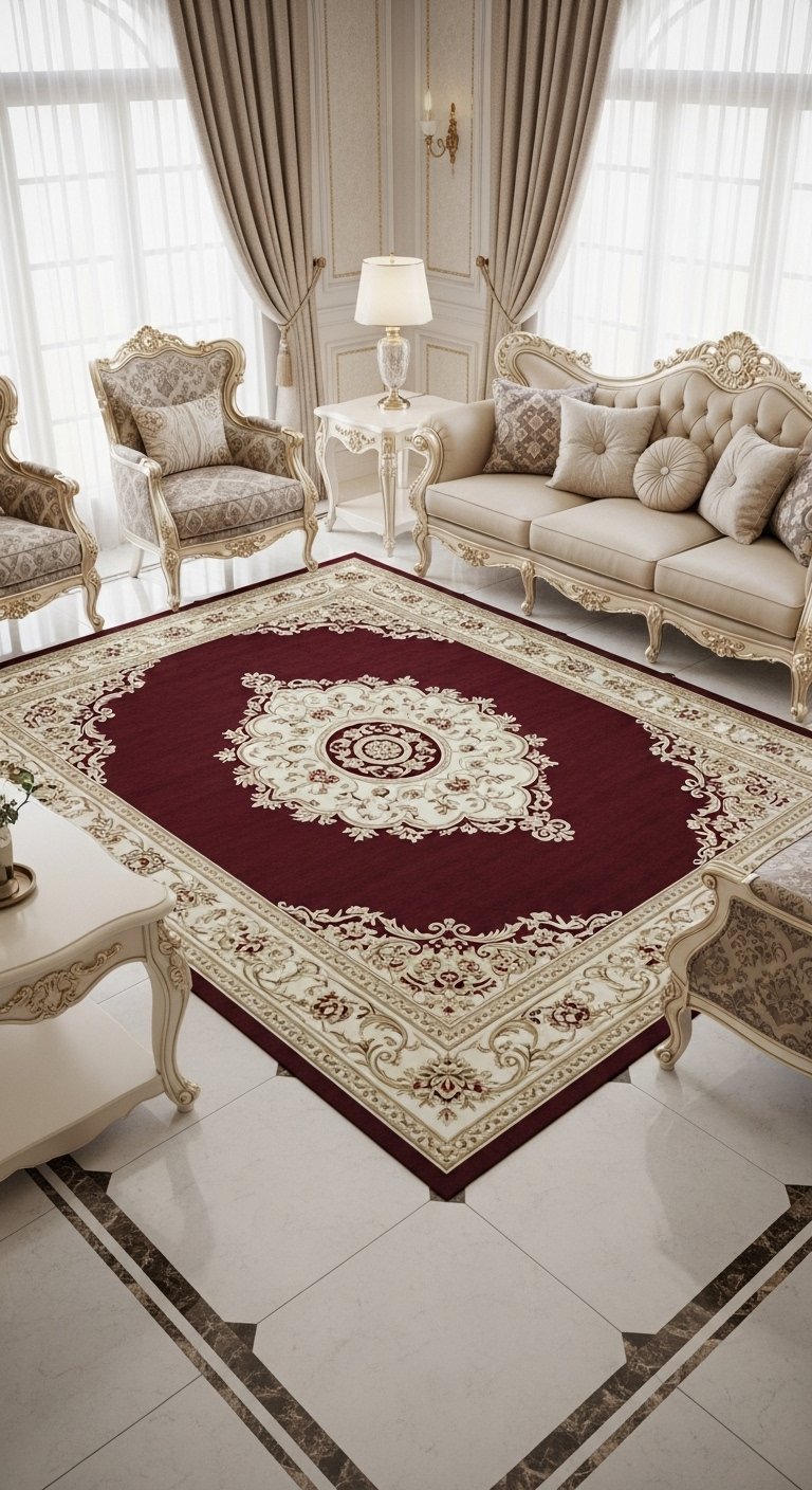 Grand tapis de salon classique de couleur bordeaux dans un intérieur de style baroque