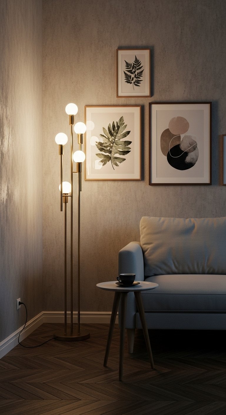 Lampadaire design doré avec plusieurs globes lumineux dans un coin salon