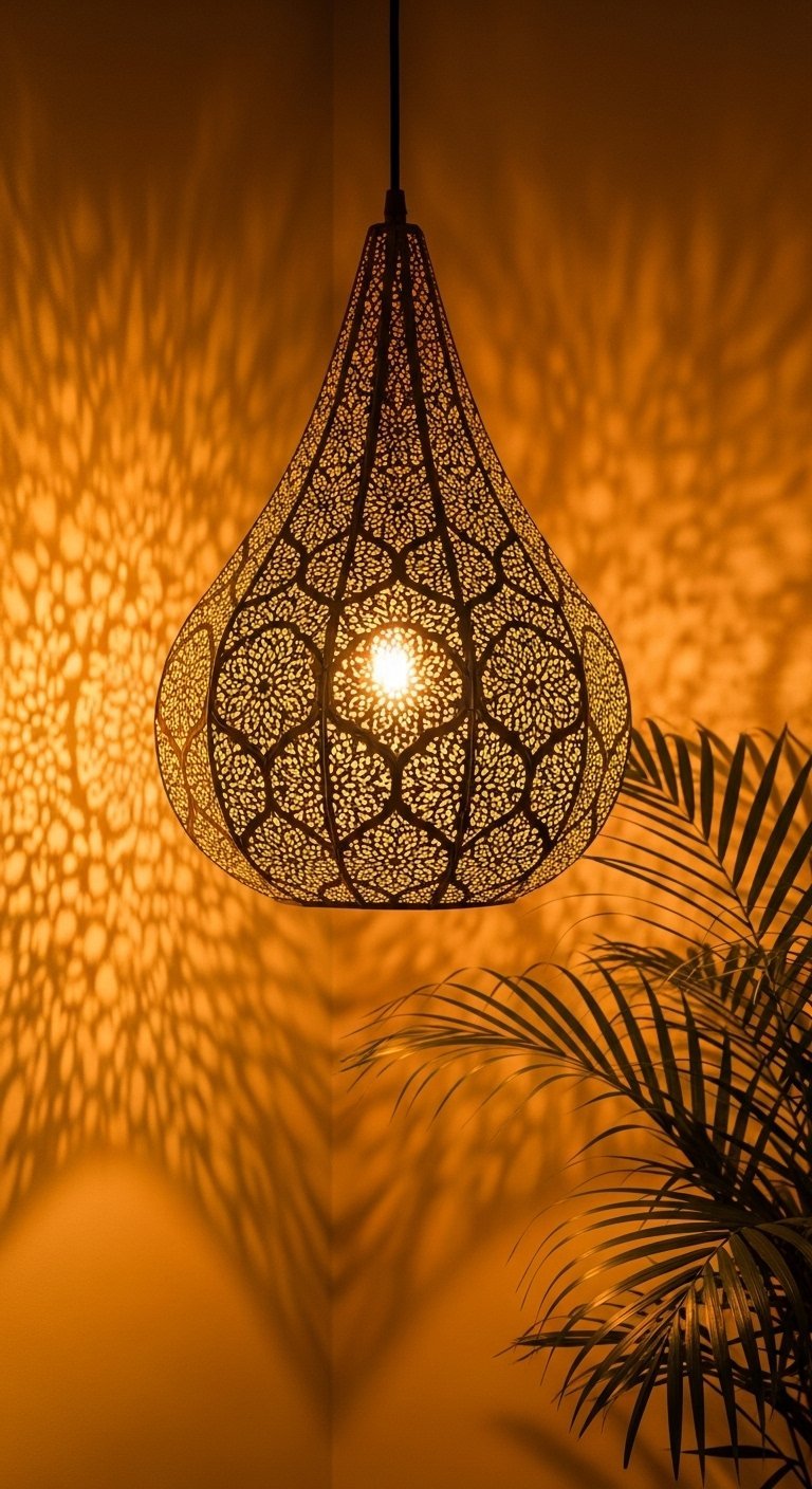 Lanterne marocaine en métal projetant des ombres sur un mur orange