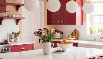 Meubles de cuisine rouge bourgogne avec ilot assorti et murs couleur peche