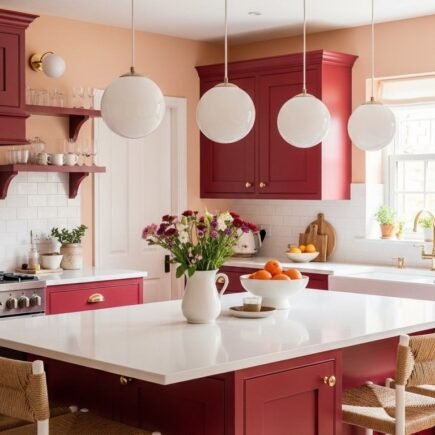 Meubles de cuisine rouge bourgogne avec ilot assorti et murs couleur peche