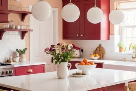 Meubles de cuisine rouge bourgogne avec ilot assorti et murs couleur peche