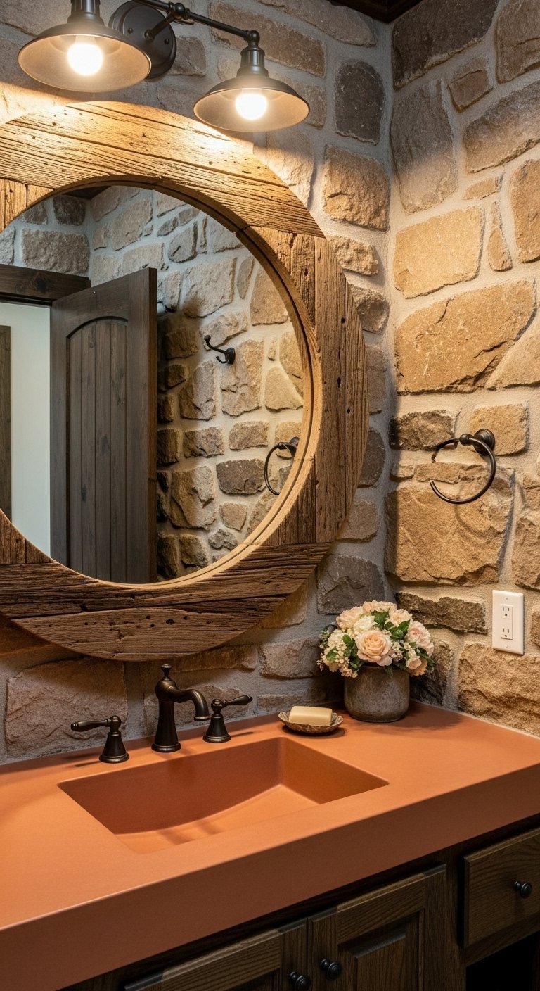 Miroir rond avec cadre en bois recycle devant un mur en pierres brutes