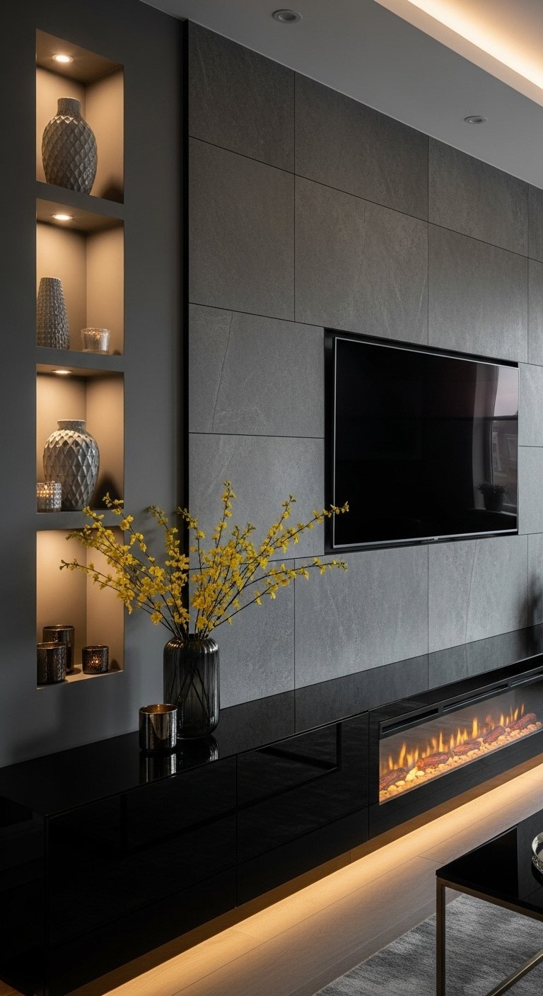 Mur TV gris texturé avec meuble noir laqué et foyer électrique