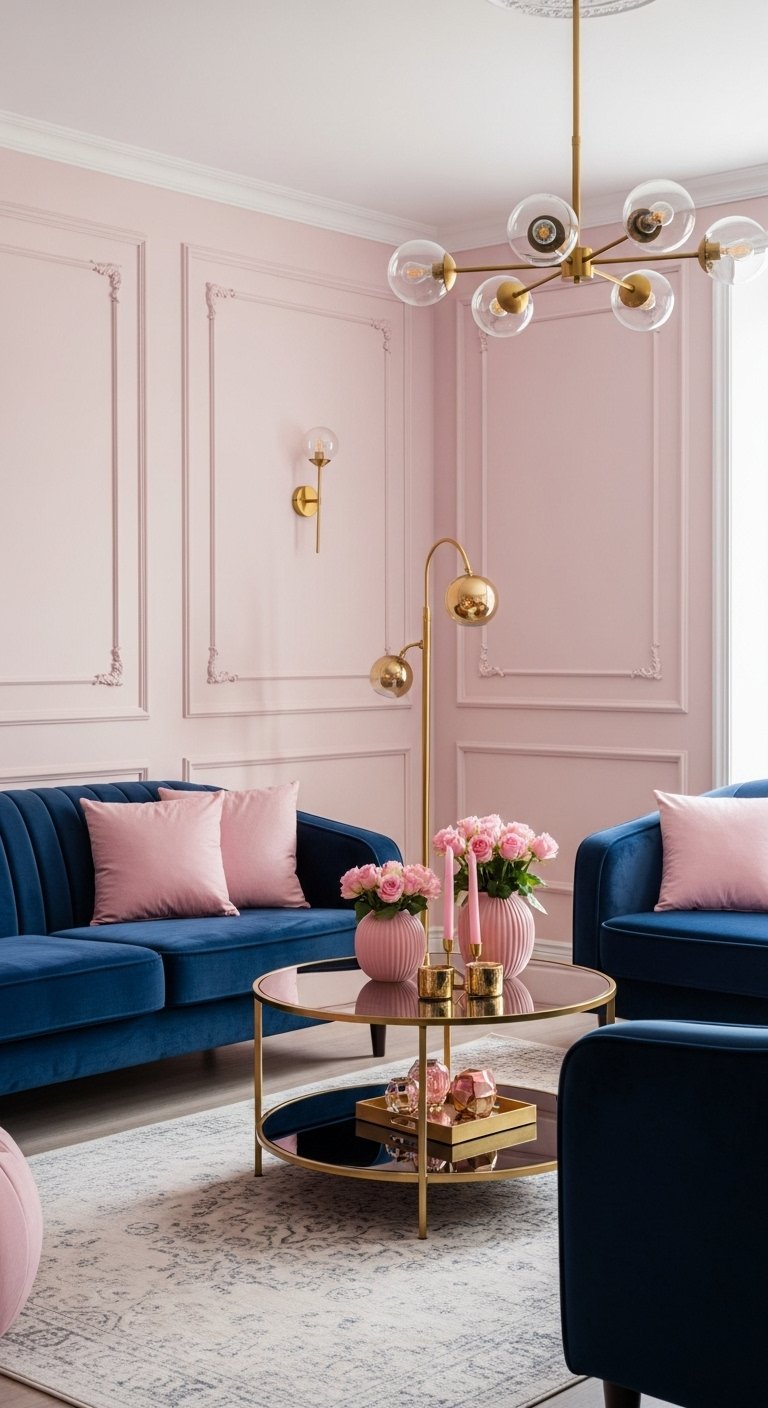Murs de salon rose poudre avec moulures et canapes en velours bleu roi