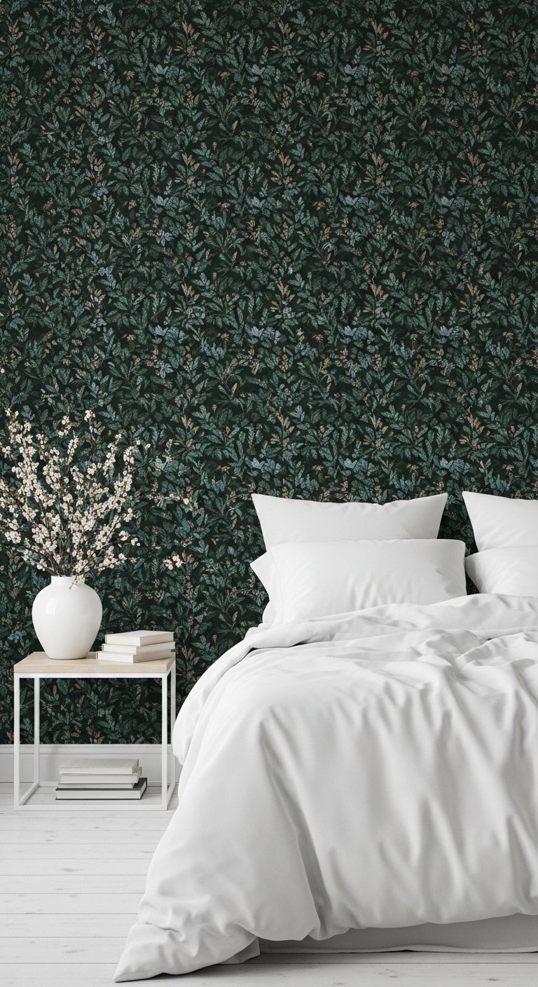 Papier peint vert fonce a motif de feuillage dense pour un mur d accent