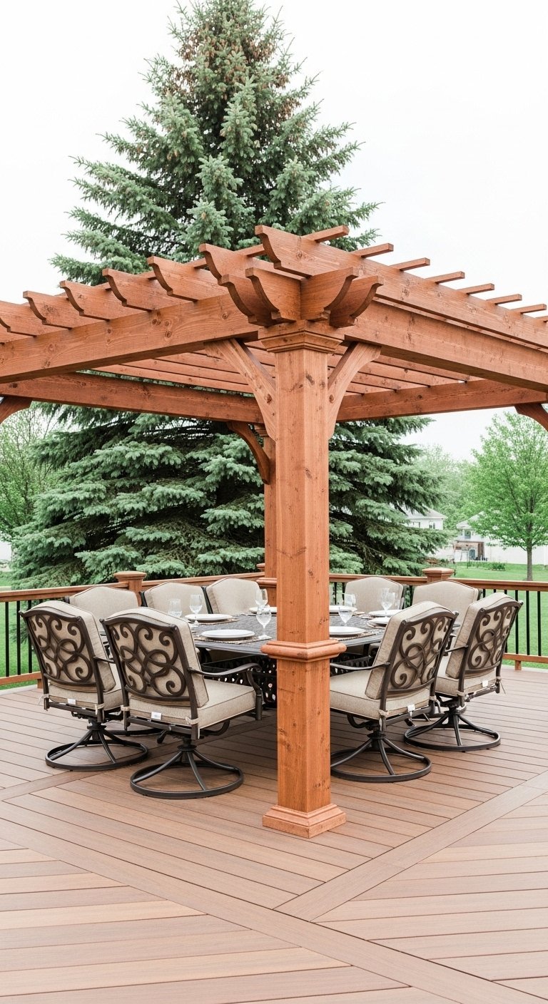 Pergola en bois robuste avec de gros poteaux au dessus d une table à manger extérieure