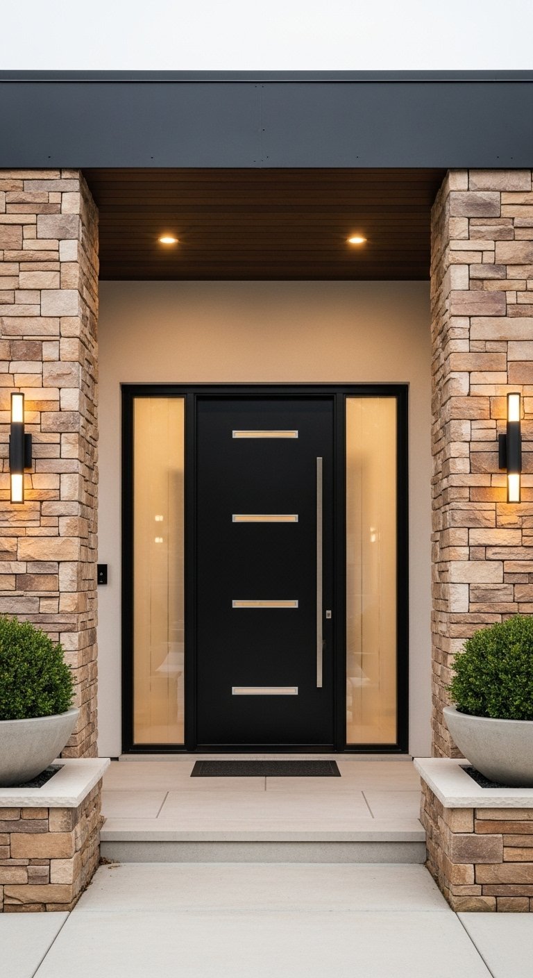 Porte d entree moderne affleurante en tasseaux de bois avec pots noirs
