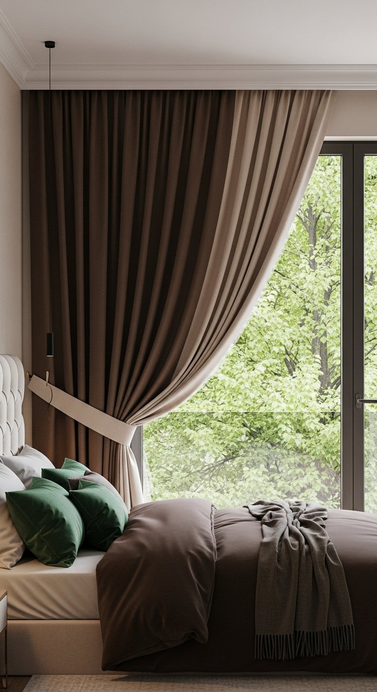 Rideau marron attache sur le cote d une grande fenetre dans une chambre