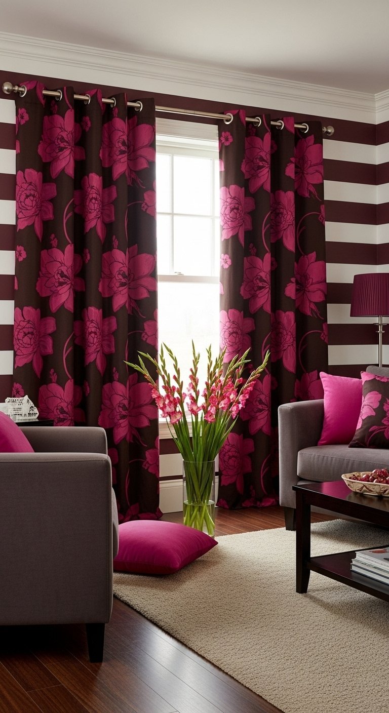 Rideaux marron foncé à œillets avec un grand motif floral de couleur fuchsia