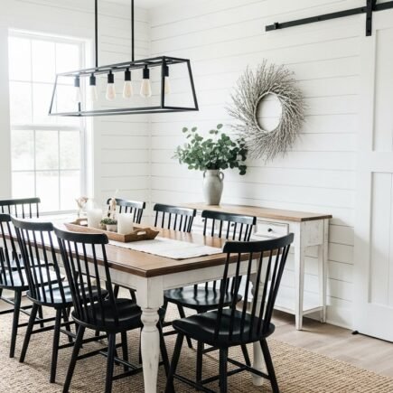 Salle a manger campagne chic avec table en bois chaises noires et mur shiplap
