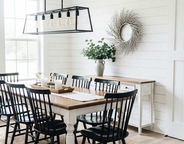 Salle a manger campagne chic avec table en bois chaises noires et mur shiplap