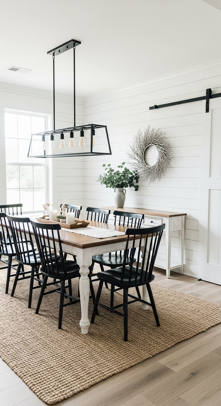 Salle a manger campagne chic avec table en bois chaises noires et mur shiplap