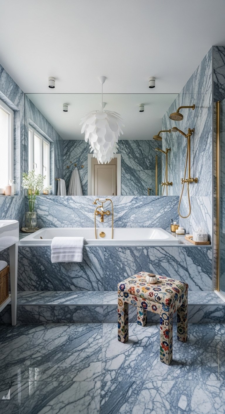 Salle de bain en marbre bleu gris avec baignoire encastrée et détails en laiton
