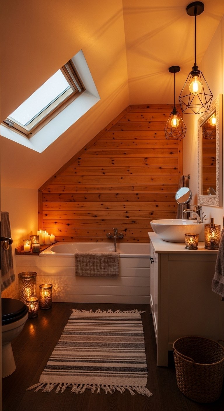 Salle de bain mansardée avec mur en lattes de bois et suspensions design