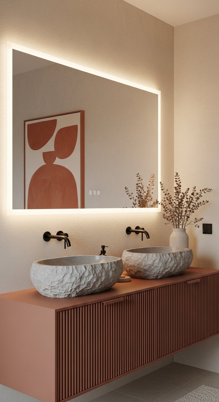 Salle de bain nature avec meuble terracotta et double vasque en pierre