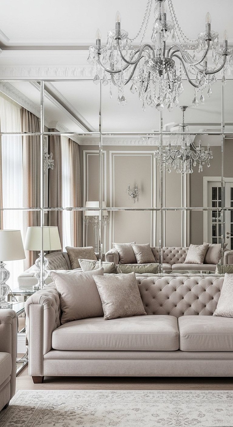 Salon classique avec de grands panneaux de miroir sur le mur reflétant un lustre en cristal
