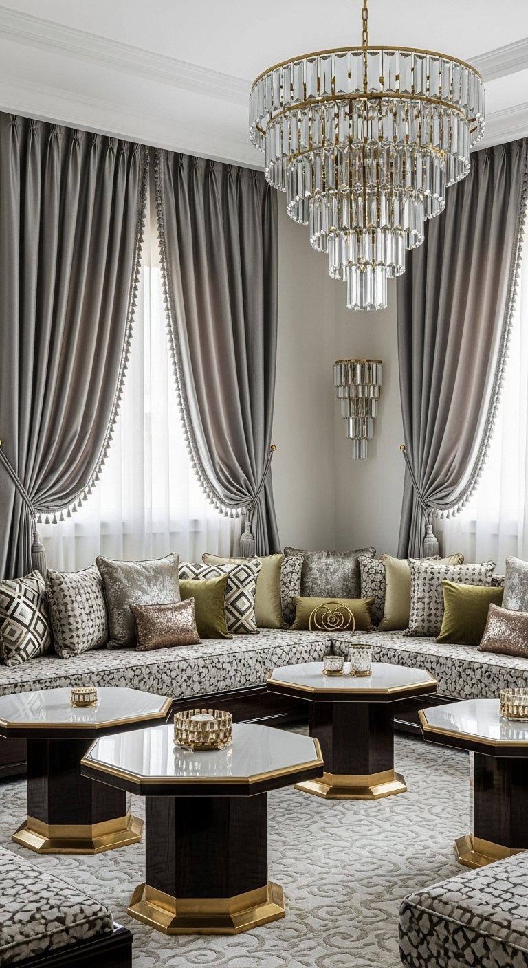 Salon marocain chic avec lustre en cristal et coussins vert olive
