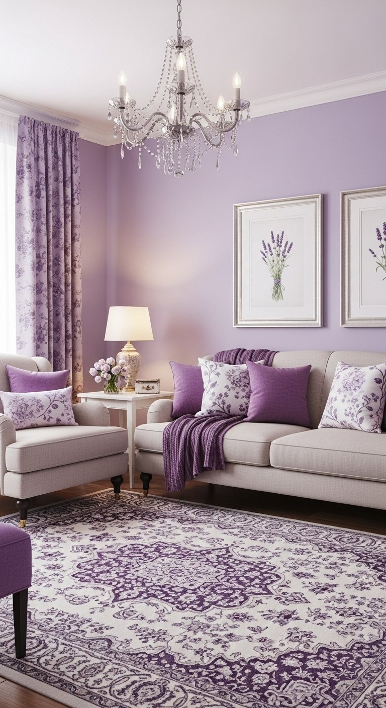 Salon romantique avec murs couleur lavande et lustre en cristal