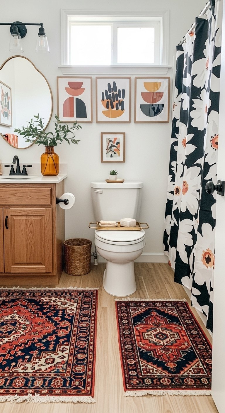 Toilettes style boheme avec tapis persans et rideau de douche a fleurs